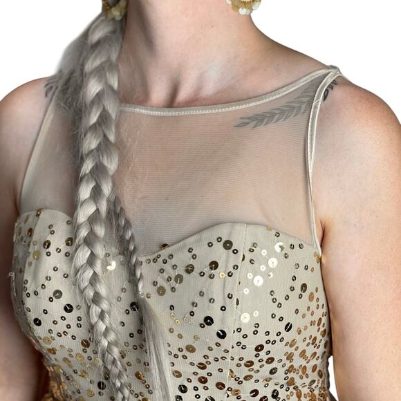 Women's Deb Gold Sequin Sheer Lined Dress w/ Elegant Tie Back Belt - Size Small - Picture 10 of 12